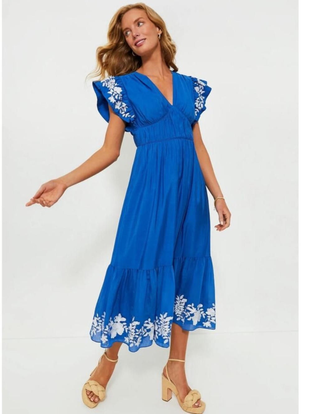 Tuckernuck Royal Blue Midi Dress with White Floral Embroidery